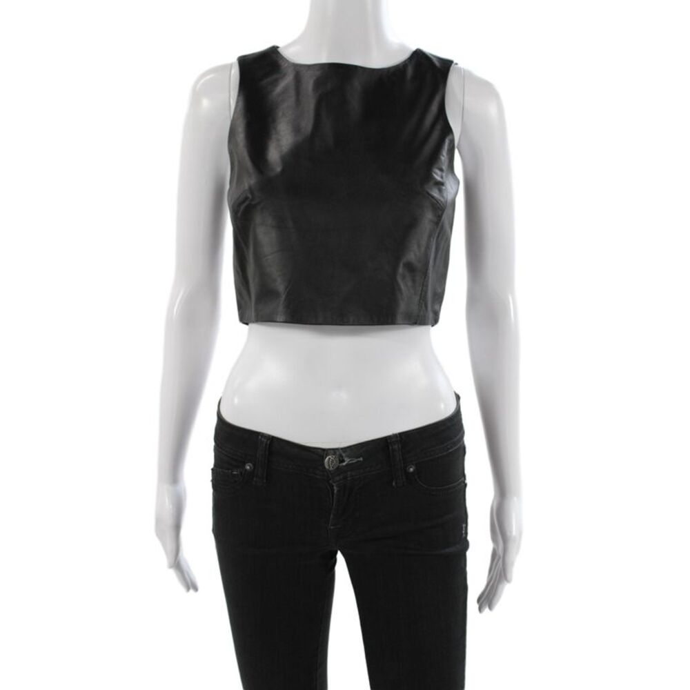 Tibi Women Cropped Leather Tank Black Round Neck Sleeveless Minimalist Size 2